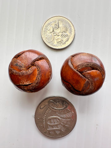 ONE PAIR ONLY: Vintage Buttons 1970s Dark Brown Leather Knot Shank Genuine 20mm