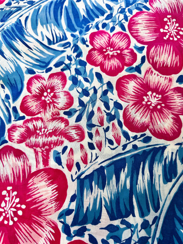 Vintage Fabric Light Weight Crispy Cotton 50s 60s Pink Hibiscus Blue Leaves 88cm Wide