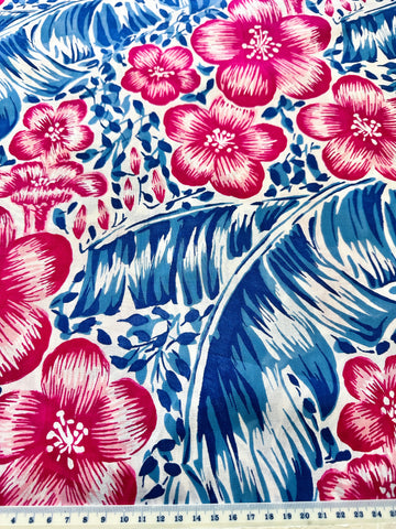 Vintage Fabric Light Weight Crispy Cotton 50s 60s Pink Hibiscus Blue Leaves 88cm Wide