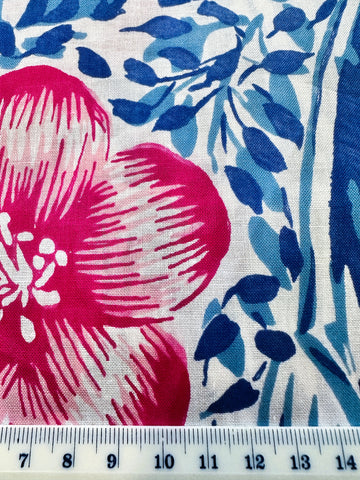 Vintage Fabric Light Weight Crispy Cotton 50s 60s Pink Hibiscus Blue Leaves 88cm Wide