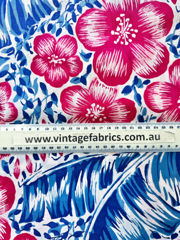 Vintage Fabric Light Weight Crispy Cotton 50s 60s Pink Hibiscus Blue Leaves 88cm Wide