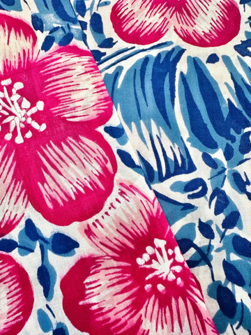 Vintage Fabric Light Weight Crispy Cotton 50s 60s Pink Hibiscus Blue Leaves 88cm Wide