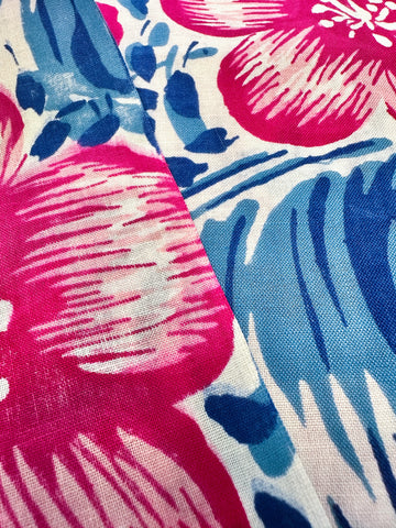 Vintage Fabric Light Weight Crispy Cotton 50s 60s Pink Hibiscus Blue Leaves 88cm Wide