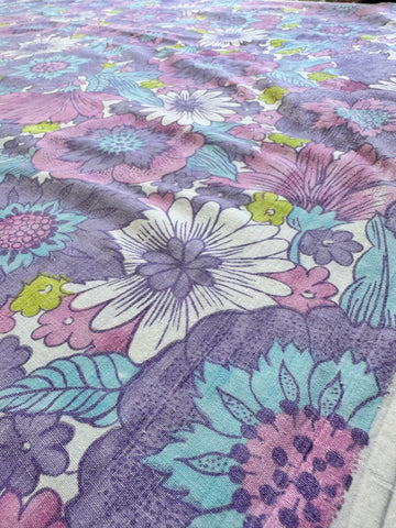 TWO 1/2m LEFT: Vintage Fabric Cotton Sheeting 1970s Retro Floral Pattern Used 180cm Wide