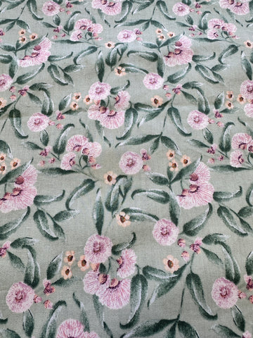2m LEFT: Modern Fabric Cotton Sheeting Pale Green w/ Native Gumnut Style Pattern