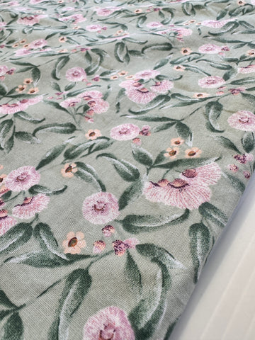 Modern Fabric Cotton Sheeting Pale Green w/ Native Gumnut Style Pattern 130cm Wide