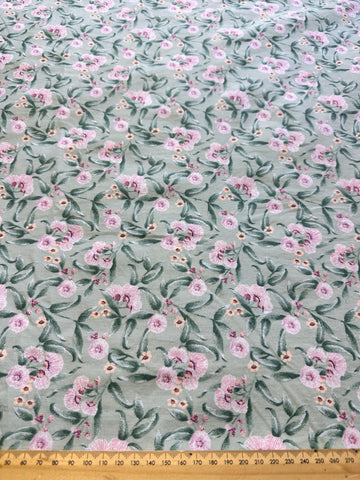 2m LEFT: Modern Fabric Cotton Sheeting Pale Green w/ Native Gumnut Style Pattern