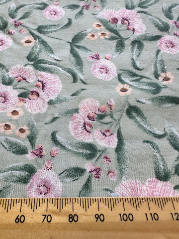 2m LEFT: Modern Fabric Cotton Sheeting Pale Green w/ Native Gumnut Style Pattern