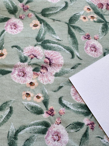 2m LEFT: Modern Fabric Cotton Sheeting Pale Green w/ Native Gumnut Style Pattern