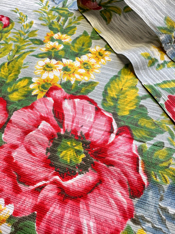 NINE PATTERN REPEATS LEFT: Vintage Fabric MCM 1950s Fabulous Drapery Cotton Cretonne Romantic Flowers 116cm Wide