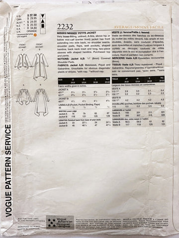 JACKET: Vogue American Designer Sewing Pattern Geoffrey Beene 1998 Uncut FF Size OS * 2232