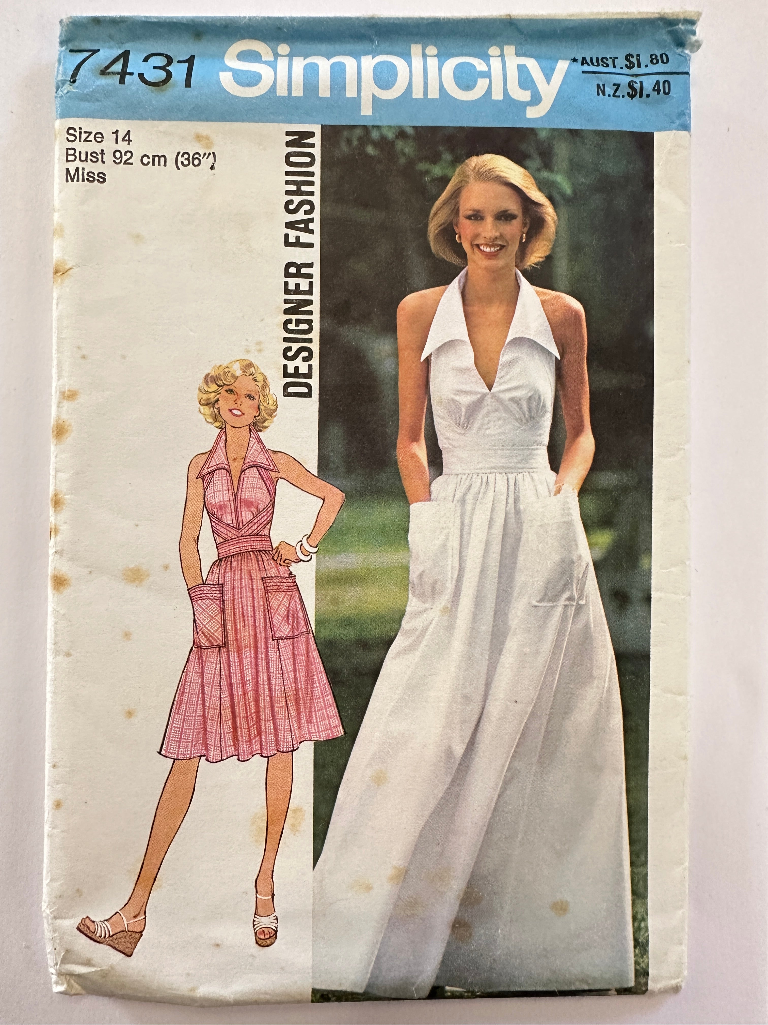 HALTER DRESS IN TWO LENGTHS: Simplicity Sewing Pattern 1976 Uncut FF S Retro Age Vintage Fabrics HALTER DRESS IN TWO LENGTHS: Simplicity Sewing Pattern 1976 Uncut FF S Retro Age Vintage Fabrics