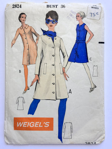 BUTTONED THROUGH DRESS: Weigel's Weigels Sewing Pattern 1970s Bust 36" Complete *2824