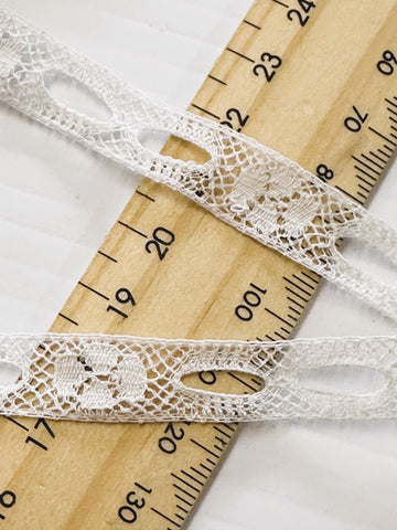 13m LEFT: Vintage White Cotton Fine Eyelet Insert Lace Trim 12mm