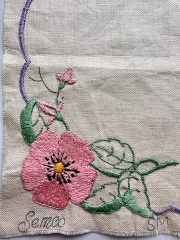 ONE ONLY: Semco Embroidery Partially Worked Stamped 1940s? Linen Doiley - Flowers