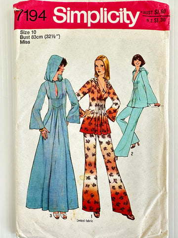 HOODED CAFTAN or TOP & FLARES: Simplicity Vintage Sewing Pattern 1976 Size 10 Uncut *7194