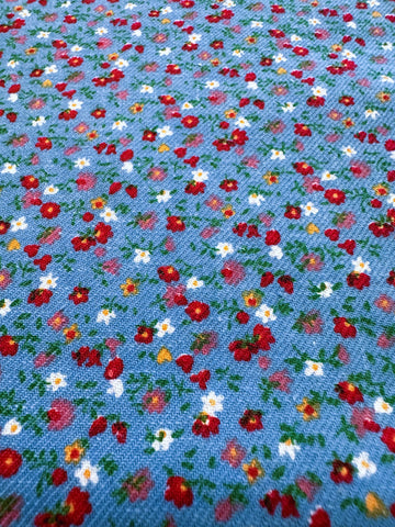 Vintage Fabric 1970s Twill Weave Cotton Blue Base Tiny Floral 88cm Wide