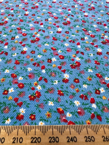 Vintage Fabric 1970s Twill Weave Cotton Blue Base Tiny Floral 88cm Wide