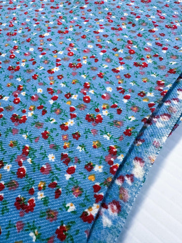 Vintage Fabric 1970s Twill Weave Cotton Blue Base Tiny Floral 88cm Wide