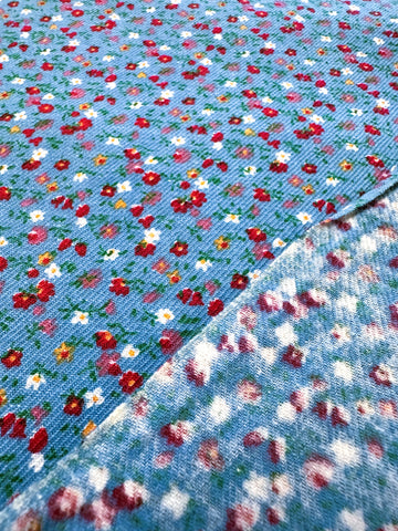 Vintage Fabric 1970s Twill Weave Cotton Blue Base Tiny Floral 88cm Wide