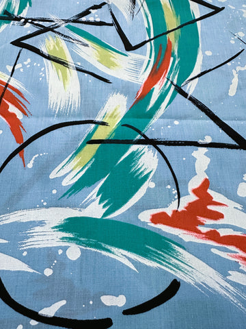 Vintage Fabric 1980s Crispy Cotton Blend Graffiti Abstract Paint Swipes on Blue 112cm Wide