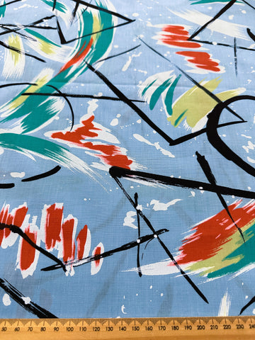 Vintage Fabric 1980s Crispy Cotton Blend Graffiti Abstract Paint Swipes on Blue 112cm Wide
