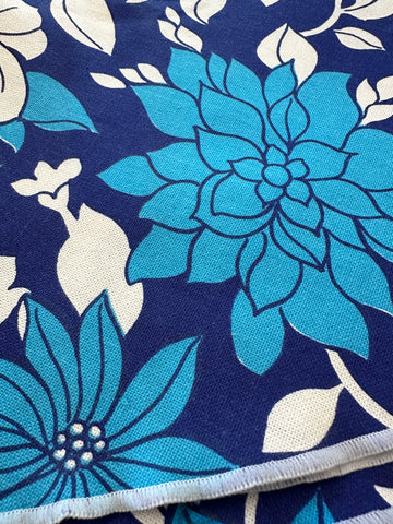 TABLECLOTH: Vintage? Fabric Unused Retro Blue Floral Roung Tablecloth 166cm Diameter