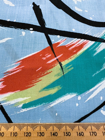 Vintage Fabric 1980s Crispy Cotton Blend Graffiti Abstract Paint Swipes on Blue 112cm Wide