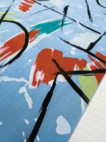 Vintage Fabric 1980s Crispy Cotton Blend Graffiti Abstract Paint Swipes on Blue 112cm Wide