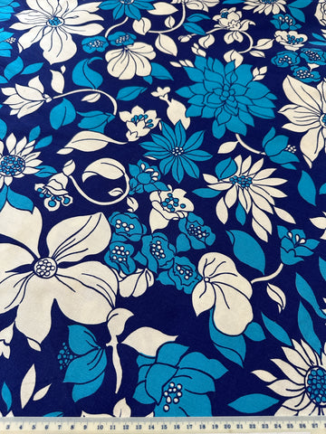 TABLECLOTH: Vintage? Fabric Unused Retro Blue Floral Roung Tablecloth 166cm Diameter