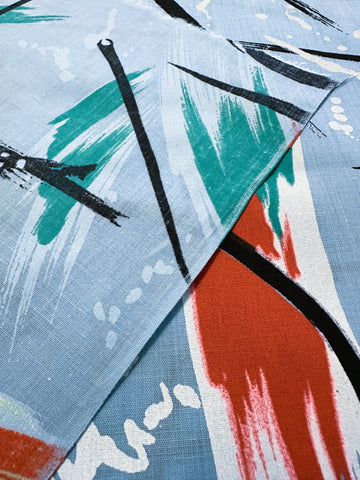 Vintage Fabric 1980s Crispy Cotton Blend Graffiti Abstract Paint Swipes on Blue 112cm Wide
