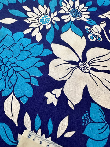 TABLECLOTH: Vintage? Fabric Unused Retro Blue Floral Roung Tablecloth 166cm Diameter