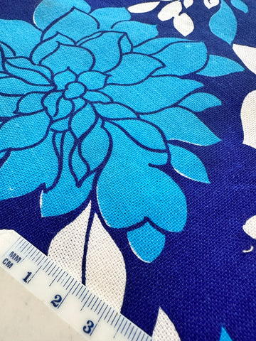 TABLECLOTH: Vintage? Fabric Unused Retro Blue Floral Roung Tablecloth 166cm Diameter