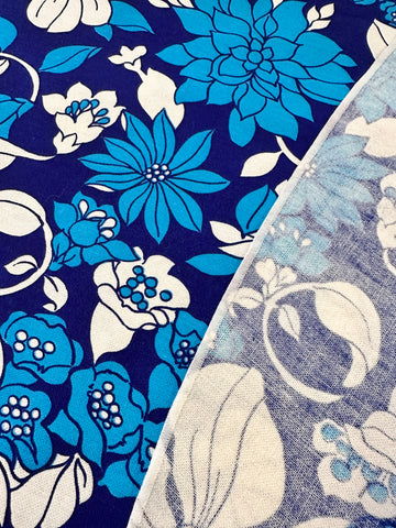 TABLECLOTH: Vintage? Fabric Unused Retro Blue Floral Roung Tablecloth 166cm Diameter