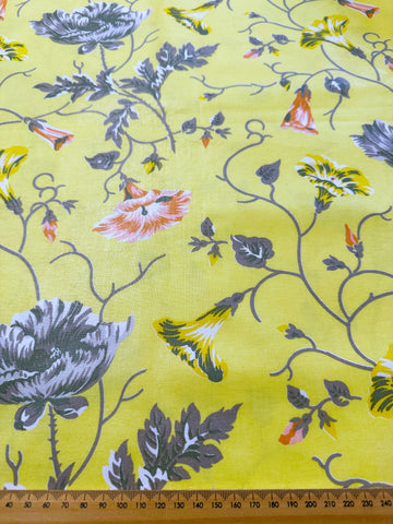 Vintage? Modern? Fabric 1980s? Beautiful Bright Yellow Cotton Chintz w/ Muted Floral 138cm Wide