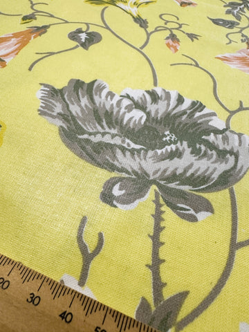 Vintage? Modern? Fabric 1980s? Beautiful Bright Yellow Cotton Chintz w/ Muted Floral 138cm Wide