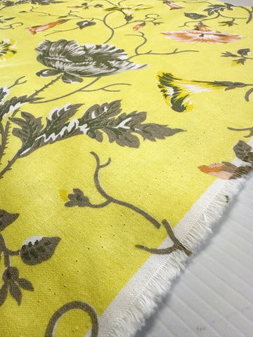 Vintage? Modern? Fabric 1980s? Beautiful Bright Yellow Cotton Chintz w/ Muted Floral 138cm Wide