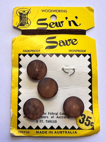 ONE SET ONLY: Vintage Buttons 1970s Sew 'N Save Marbled Look Brown Plastic Shank 14mm x 4