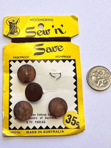 ONE SET ONLY: Vintage Buttons 1970s Sew 'N Save Marbled Look Brown Plastic Shank 14mm x 4