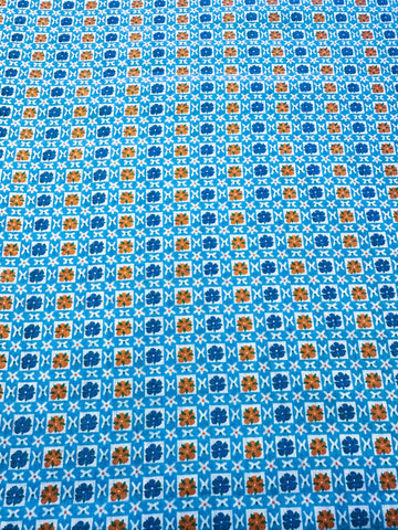 Vintage Fabric 1960s Crispy Light Weight Cotton w/ Flowers in Squares Blue Orange 88cm Wide
