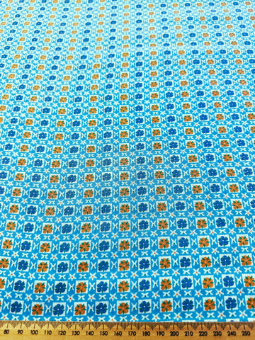 Vintage Fabric 1960s Crispy Light Weight Cotton w/ Flowers in Squares Blue Orange 88cm Wide