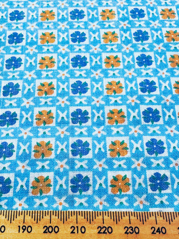 Vintage Fabric 1960s Crispy Light Weight Cotton w/ Flowers in Squares Blue Orange 88cm Wide