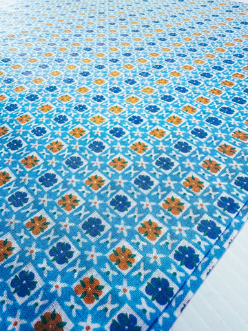 Vintage Fabric 1960s Crispy Light Weight Cotton w/ Flowers in Squares Blue Orange 88cm Wide