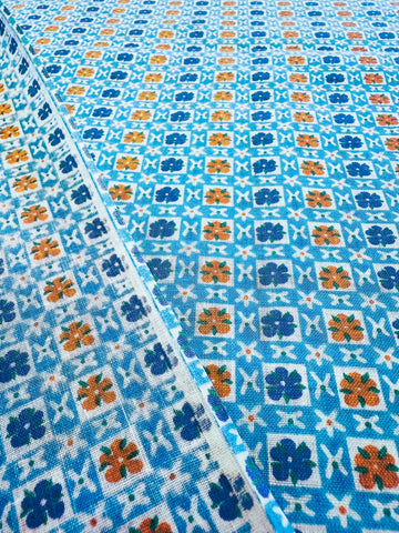 Vintage Fabric 1960s Crispy Light Weight Cotton w/ Flowers in Squares Blue Orange 88cm Wide