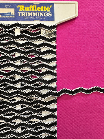 Vintage Trim Black w/ White Edge 'Rufflette' Cotton Rayon? 6mm Wide