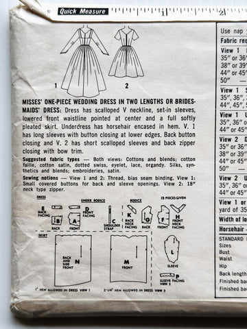 MISSES' ONE-PIECE WEDDING OR BRIDESMAIDS DRESS: Simplicity Sewing Pattern c. 1963 Size 14 Complete *4893