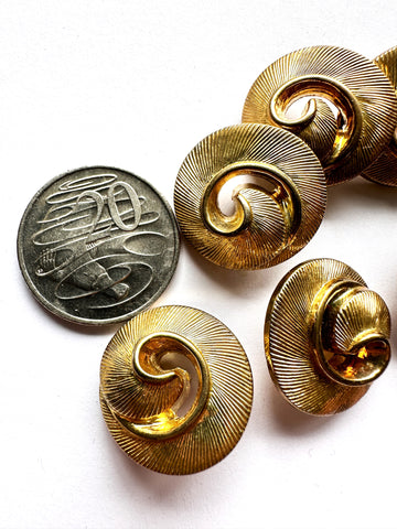TWO PAIRS LEFT: Vintage Buttons 1980s? Gold Tone Plastic Ornate Spiral 25mm x 2