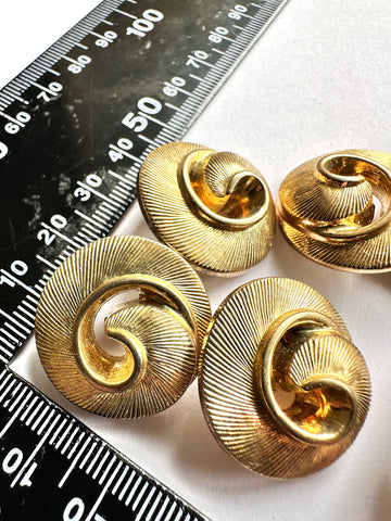 TWO PAIRS LEFT: Vintage Buttons 1980s? Gold Tone Plastic Ornate Spiral 25mm x 2