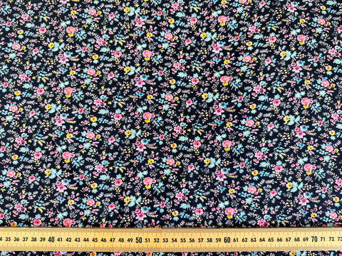 1.5m LEFT: Vintage 1980s Fabric Small Pastel Floral on Black Cotton