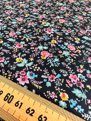 1.5m LEFT: Vintage 1980s Fabric Small Pastel Floral on Black Cotton